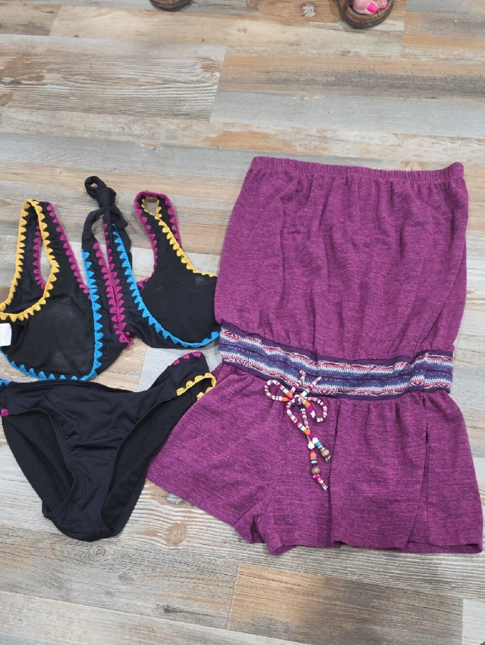 Lucky Brand Black Bikini with Colorful Trim & Matching Jumpsuit Cover Up